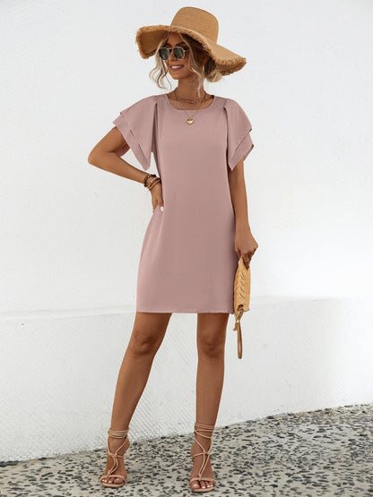 Round Neck Flutter Sleeve Mini Dress