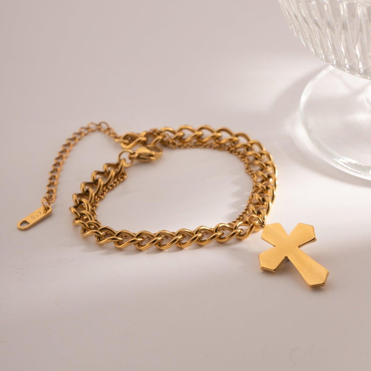 Stainless Steel Imitation Gemstone Cross Shape Pendant Bracelet