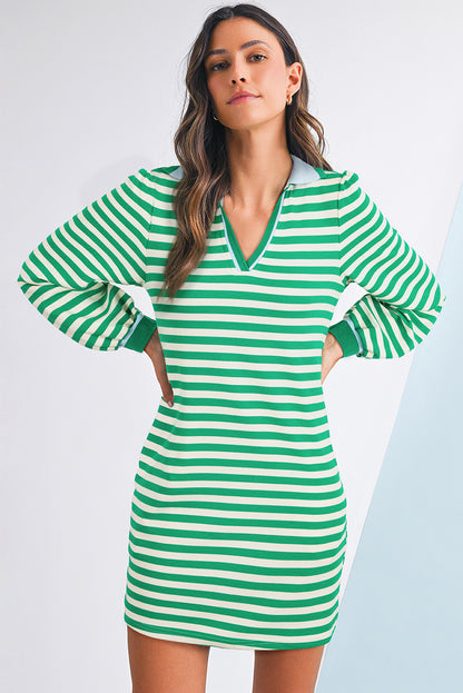 Green Striped Contrast Collar Split Neck Long Sleeve Mini Dress