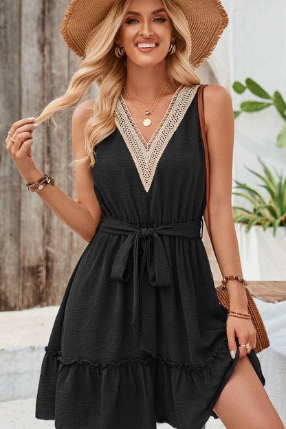 Tied Frill Sleeveless Mini Dress