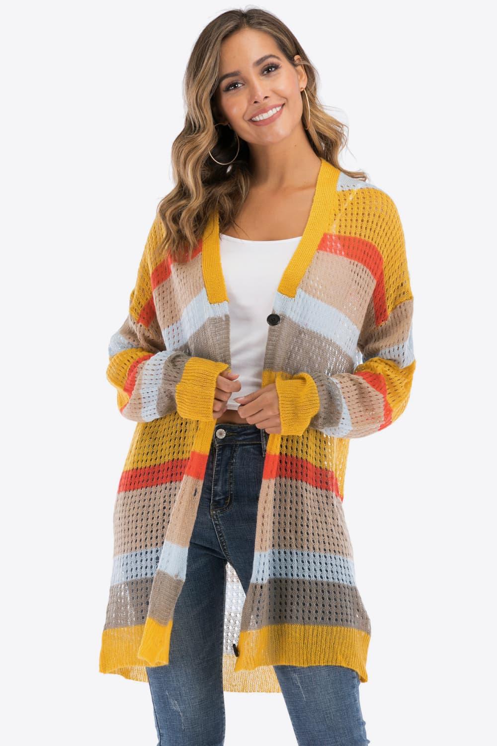 Color Block Openwork Long Sleeve Cardigan