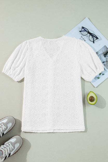White Lace Puff Sleeve V Neck Button Up Shirt