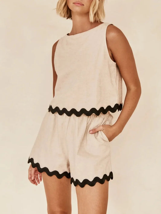 Contrast Trim Round Neck Tank and Shots Set Carauana Store