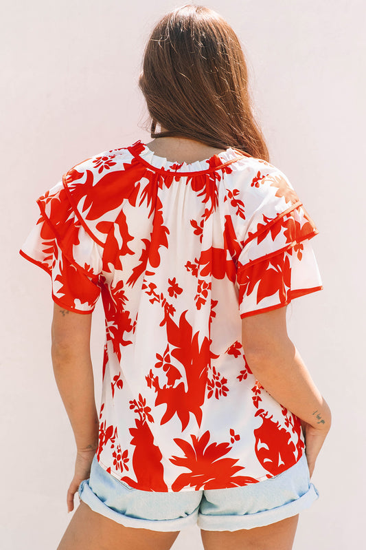 Red Plant Print Tiered Ruffled Sleeve V Neck Blouse