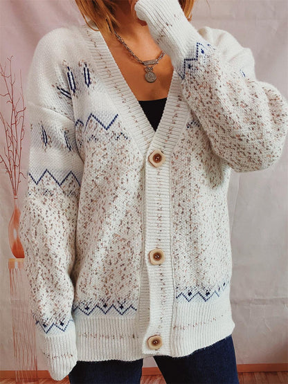 Geometric Button Front Long Sleeve Cardigan