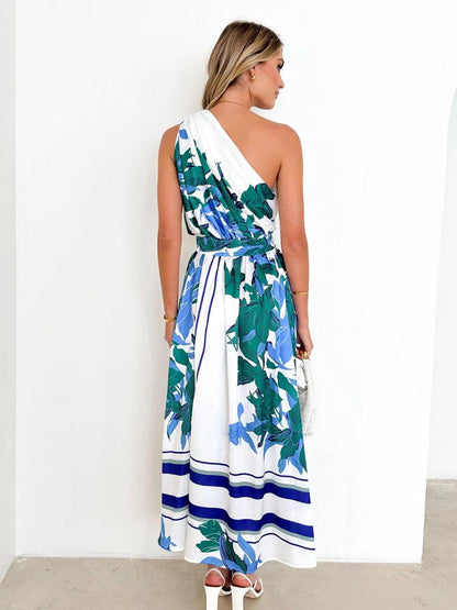 Printed Ruched One Shoulder Dress