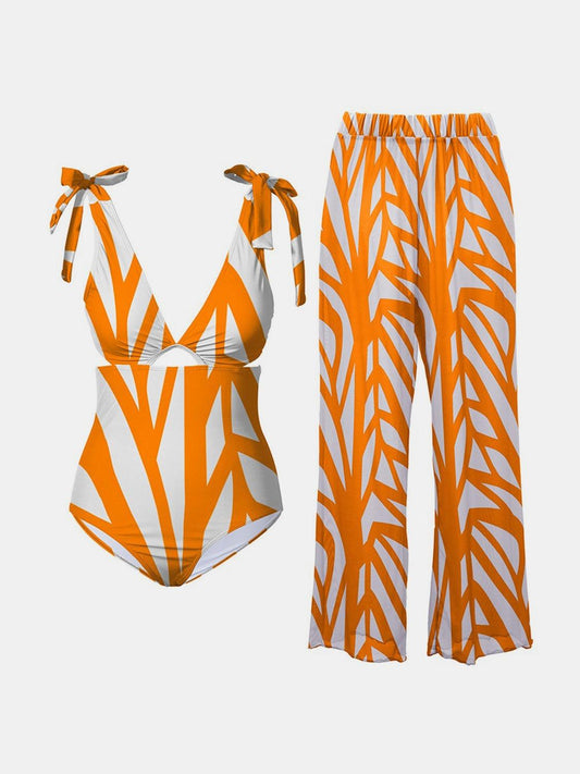 Printed Tie Shoulder Swimwear and Pants Swim Set Carauana Store