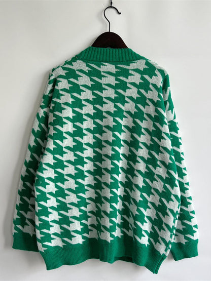 Houndstooth Botton Front Cardigan with Pockets