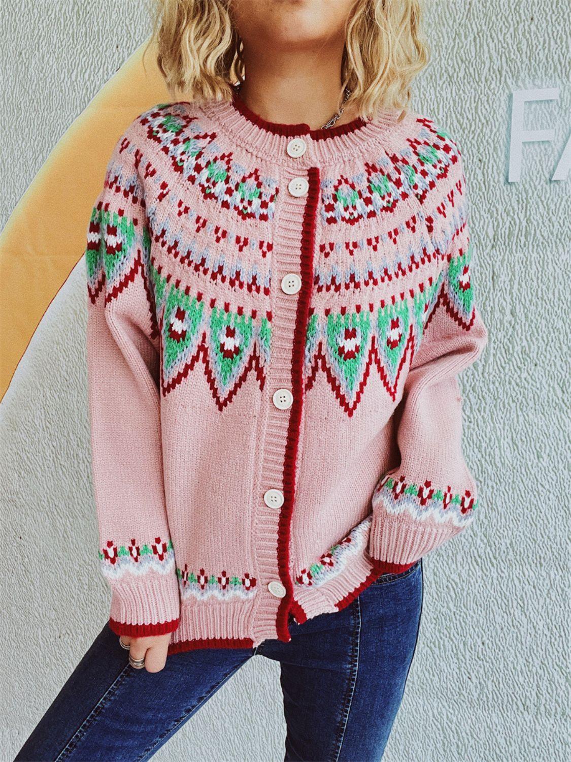 Contrast Geometric Round Neck Long Sleeve Cardigan