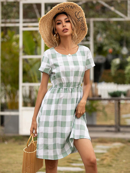 Smocked Plaid Round Neck Short Sleeve Dress