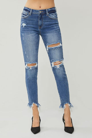 RISEN Distressed Frayed Hem Slim Jeans