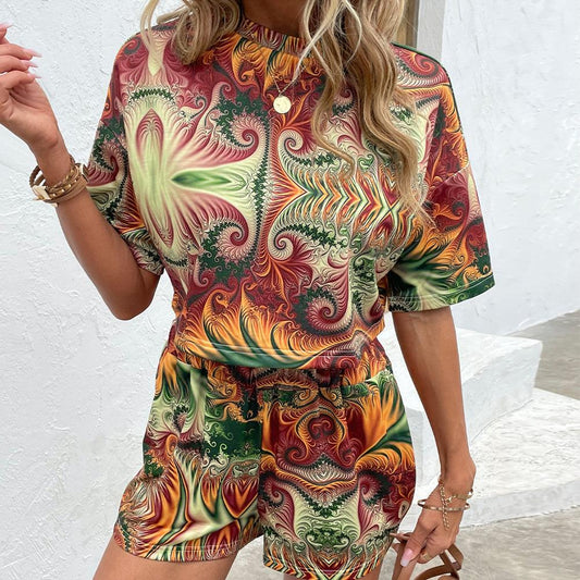 Printed Round Neck Dropped Shoulder Half Sleeve Top and Shorts Set