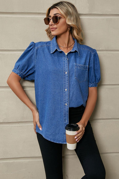 Puff Sleeve Collared Denim Top