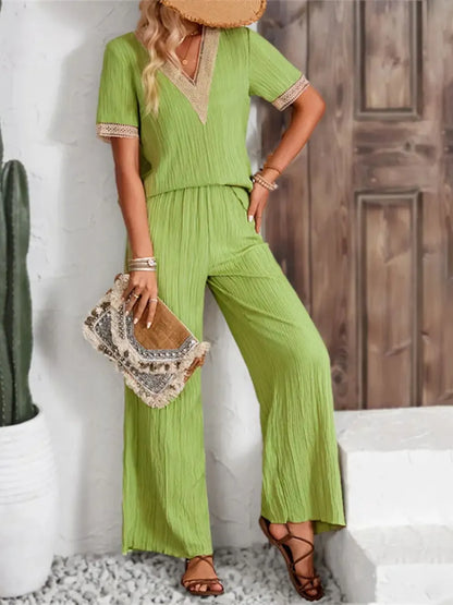 V-Neck Short Sleeve Top and Pants Set Carauana Store