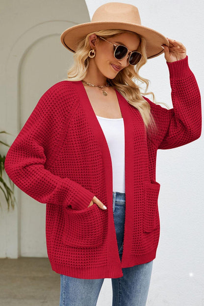 Open Front Raglan Sleeve Pocketed Cardigan