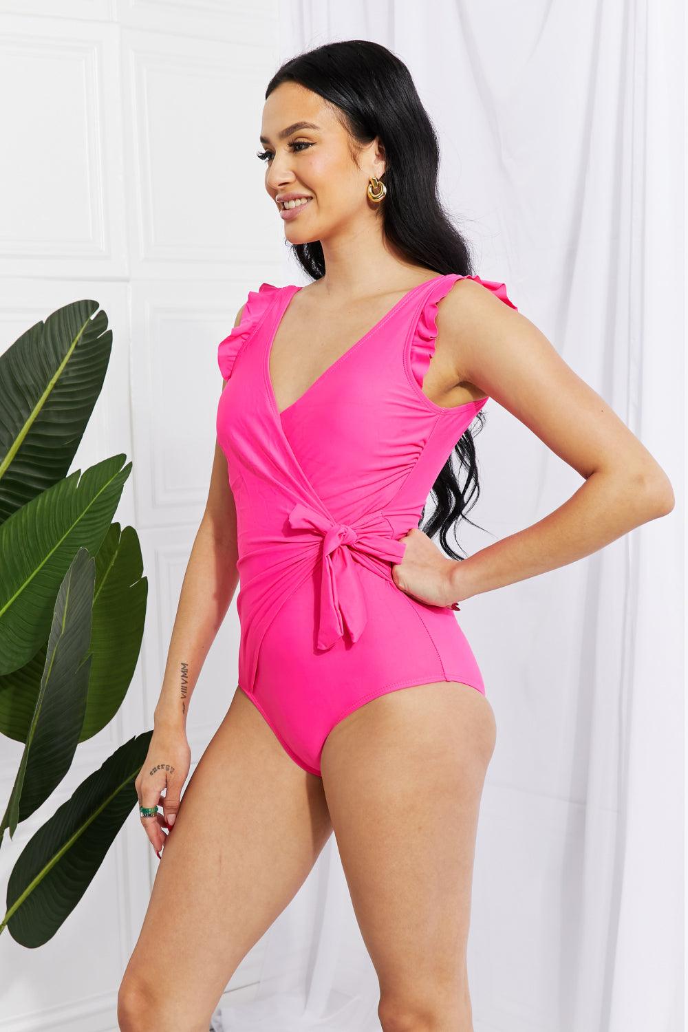 Marina West Swim Full Size Float On Ruffle Faux Wrap One-Piece in Pink