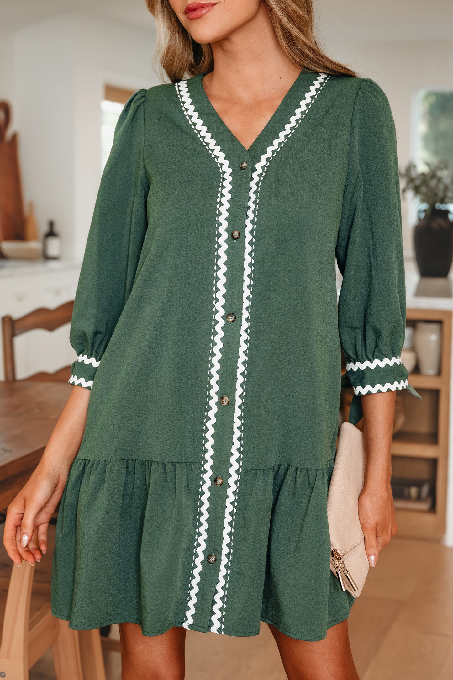 Canton Contrast Ricrac Trim Button V Neck Knotted Bracelet Sleeve Shift Dress CaRaUaNa Fashion