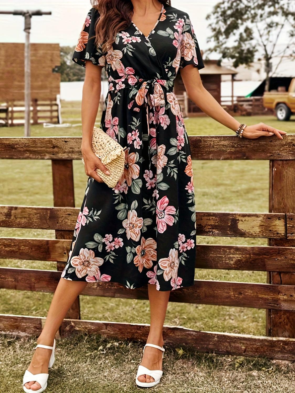 Tied Floral Surplice Short Sleeve Dress