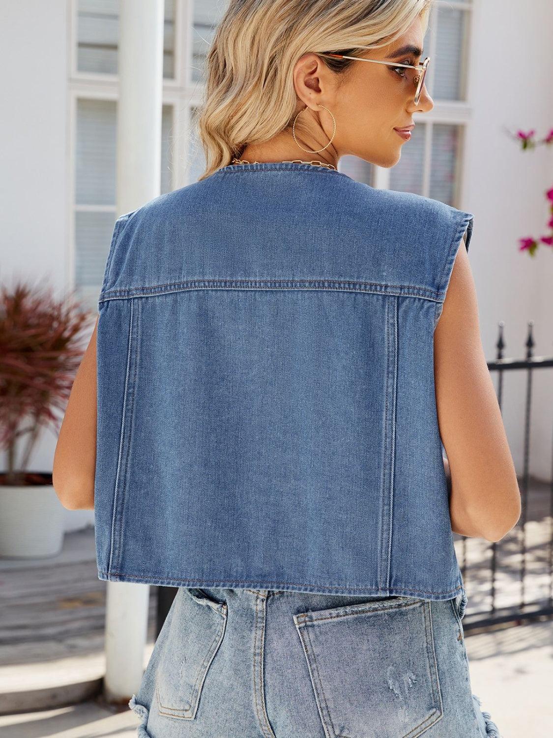 Pocketed Button Up Sleeveless Denim Jacket