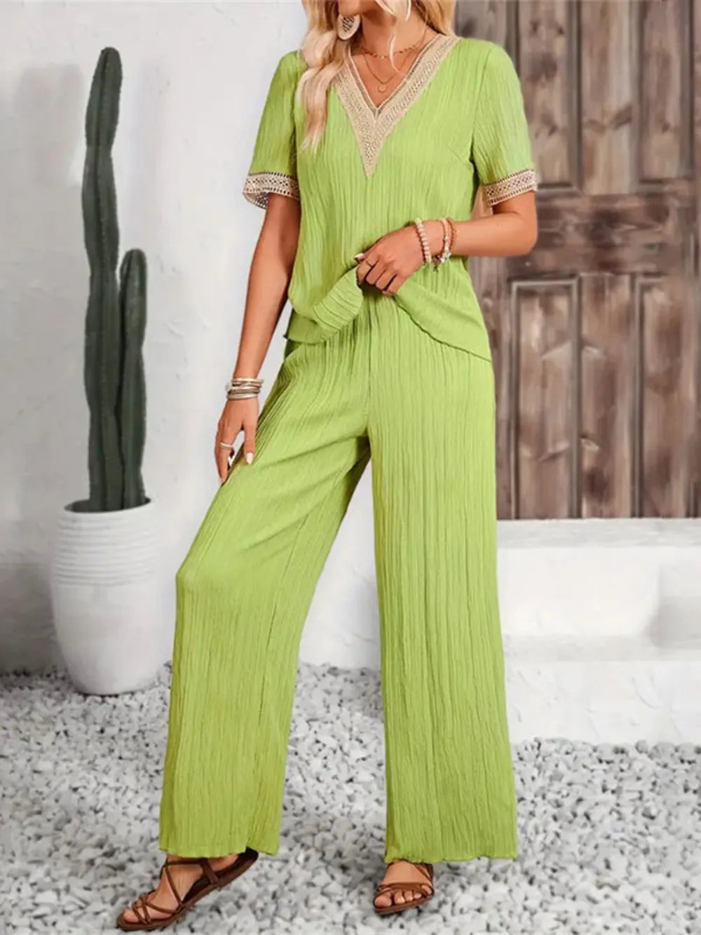 V-Neck Short Sleeve Top and Pants Set Carauana Store