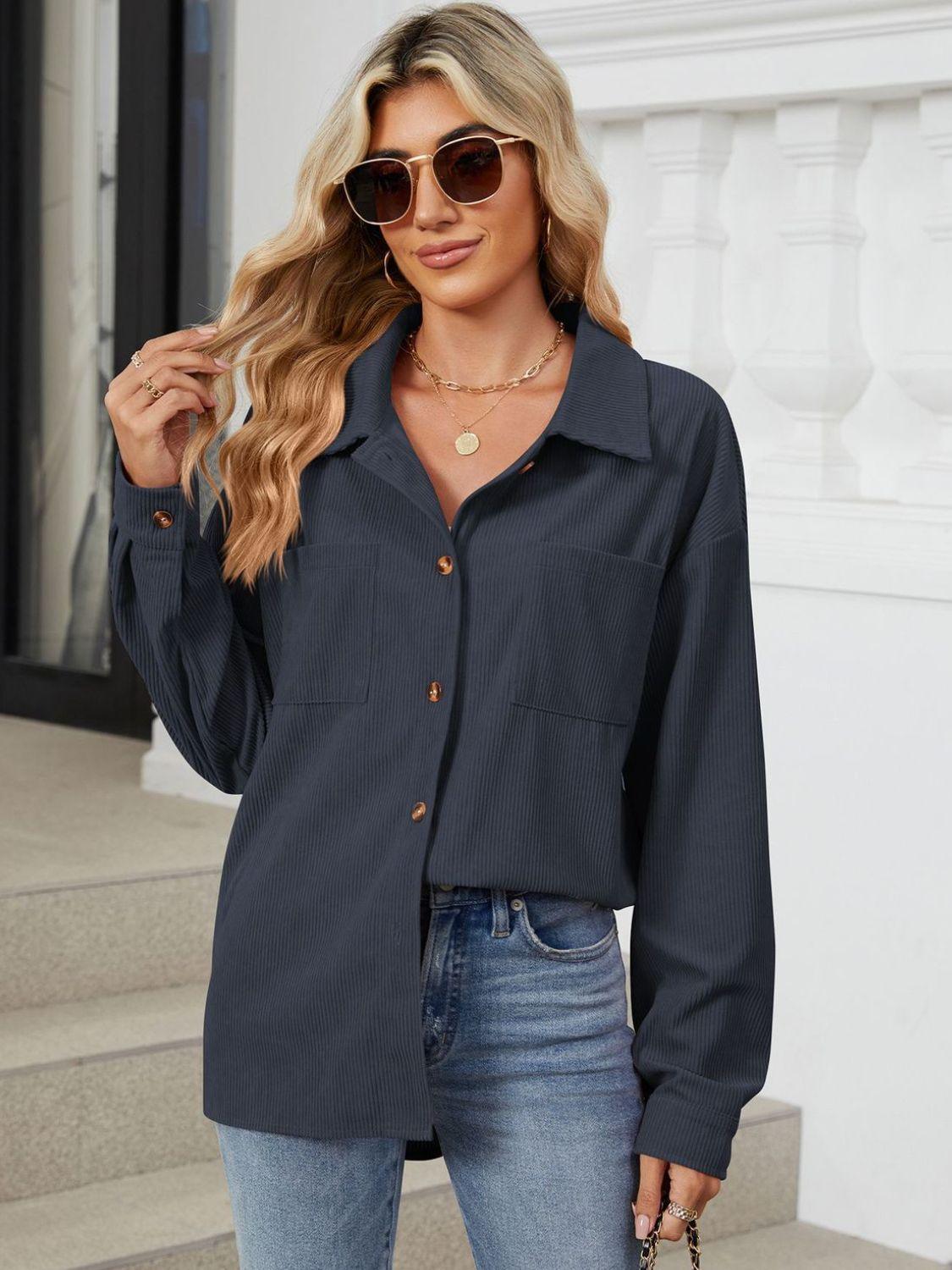 Button Up Dropped Shoulder Long Sleeve Outerwear