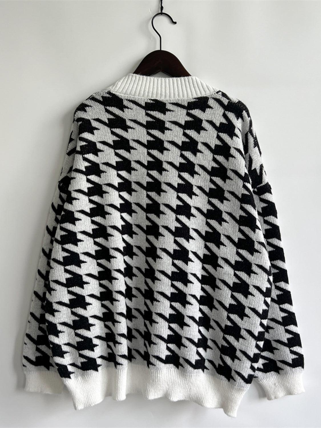 Houndstooth Botton Front Cardigan with Pockets