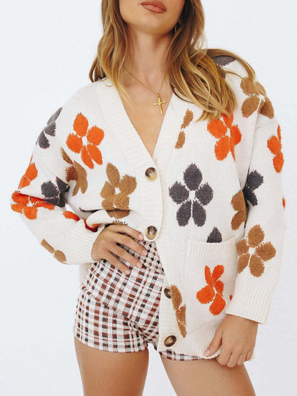 Floral V-Neck Button Up Long Sleeve Cardigan