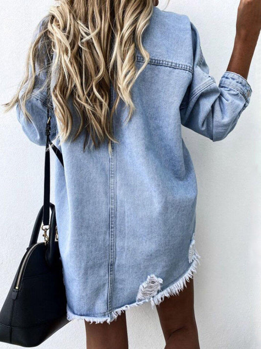 Raw Hem Collared Neck Long Sleeve Denim Jacket Carauana Store