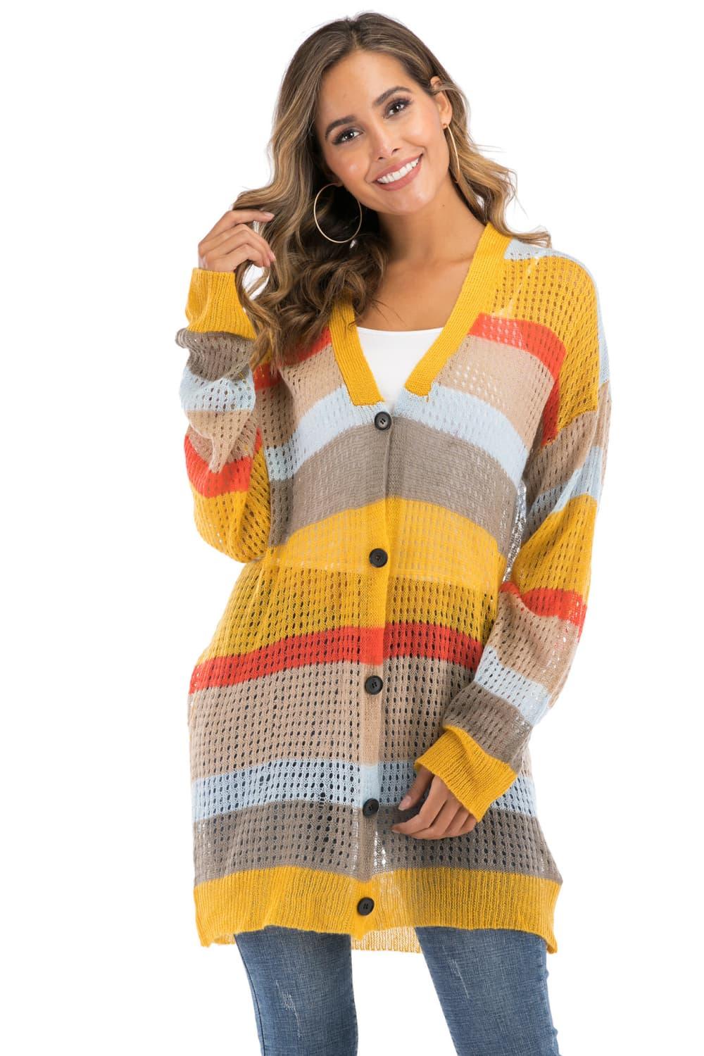 Color Block Openwork Long Sleeve Cardigan