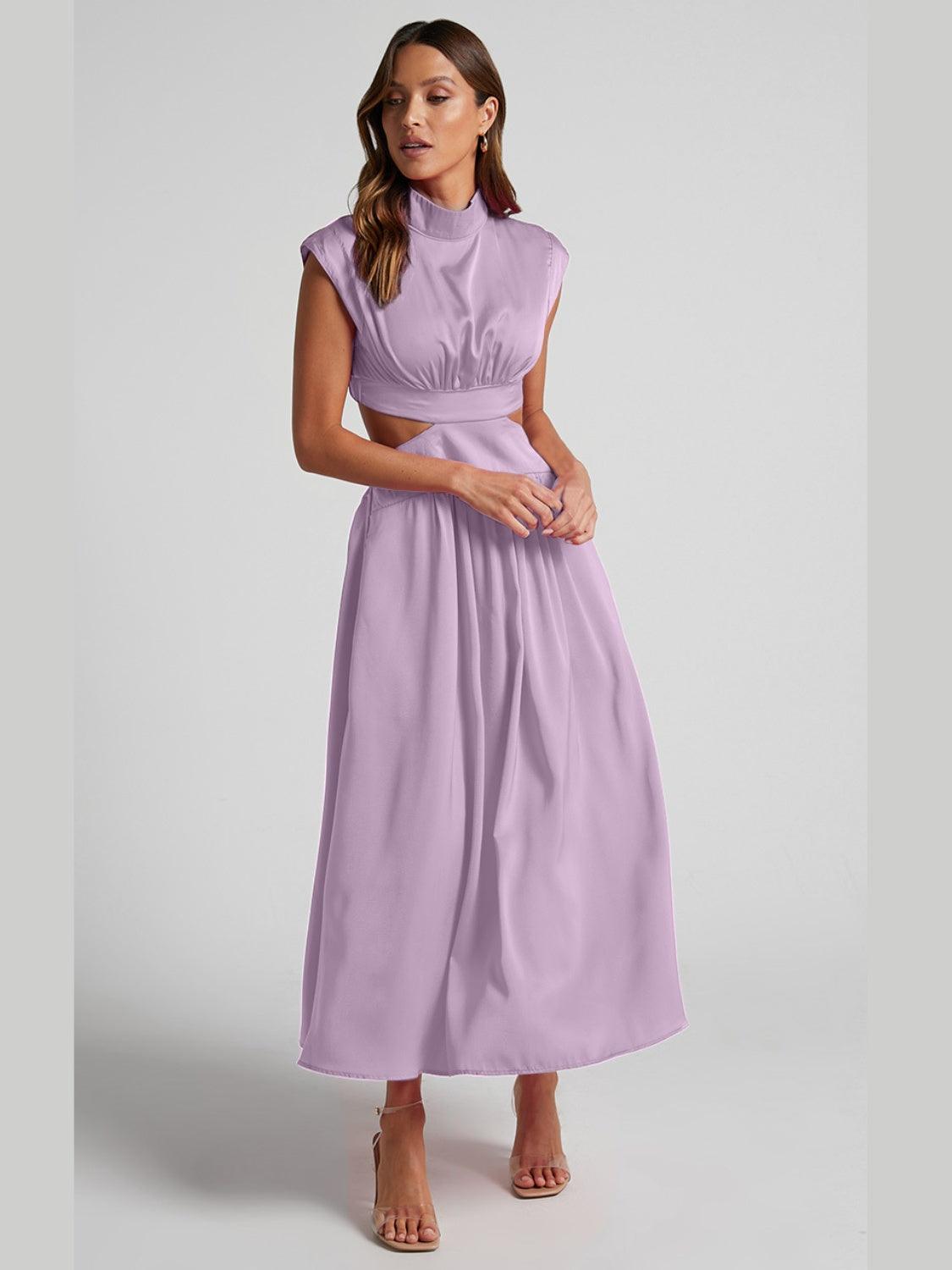 Cutout Mock Neck Sleeveless Ruched Dress