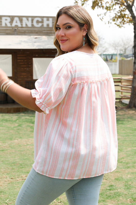 Pink Stripe Plus Size Tassel Tie Frilled Detail Short Sleeve Blouse