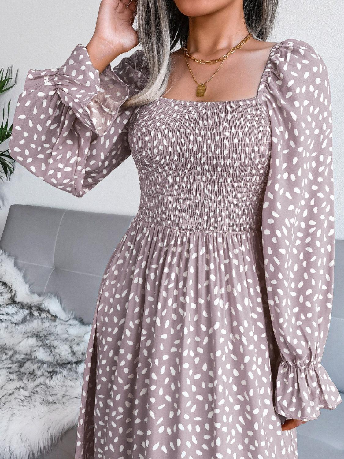 Smocked Square Neck Flounce Sleeve Dress