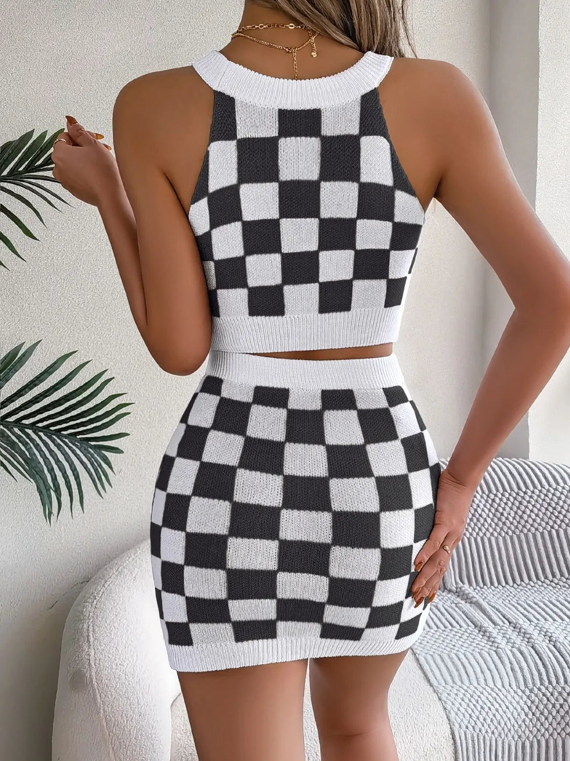 Checkered Grecian Neck Cami and Skirt Sweater Set Carauana Store