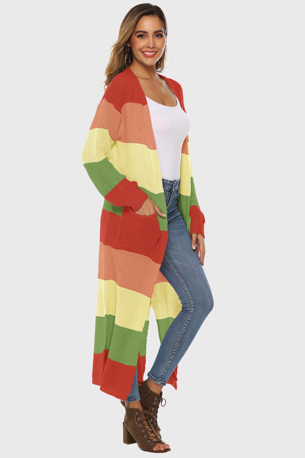 Color Block Long Sleeve Pocketed Cardigan