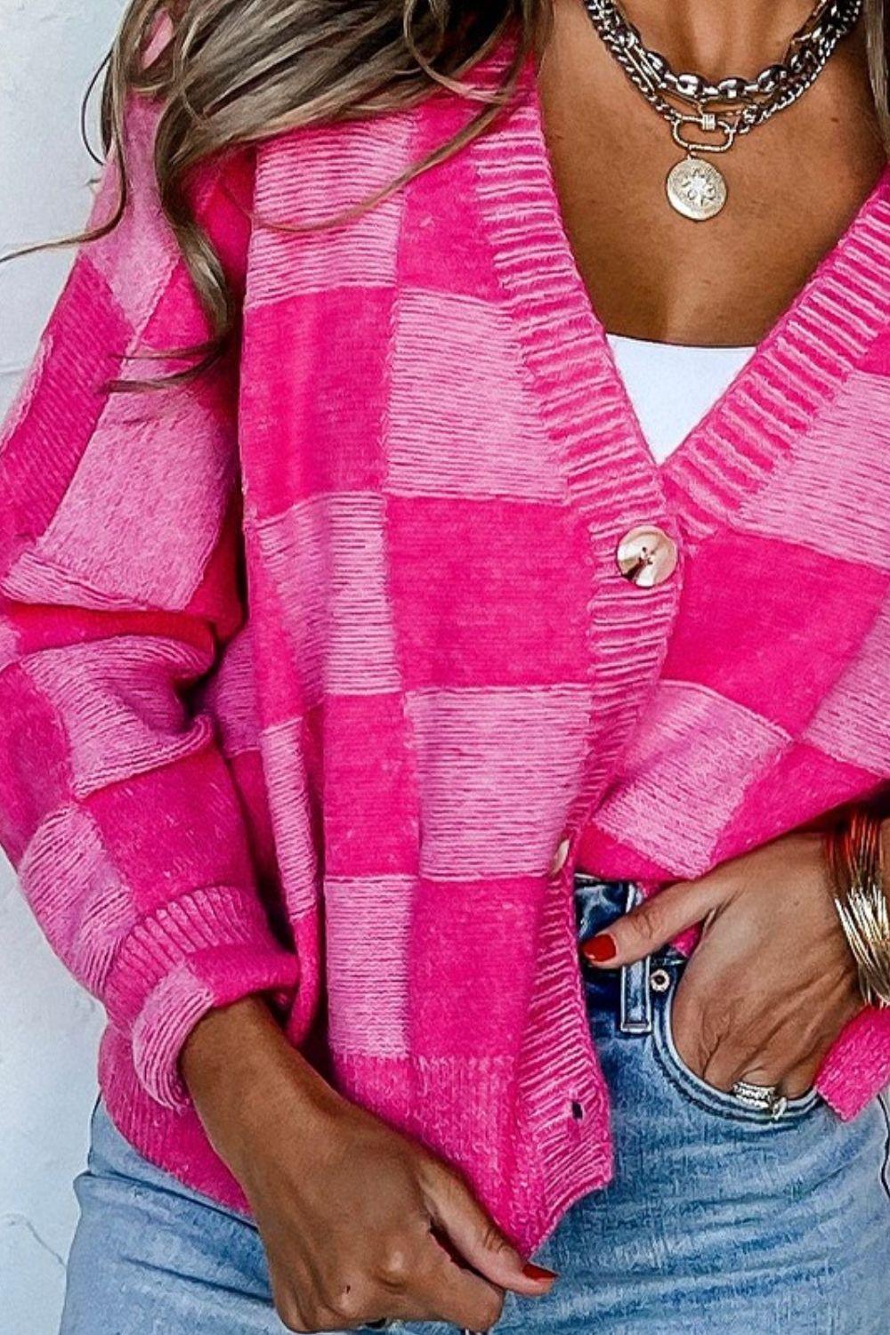 Checkered Button Up Long Sleeve Cardigan