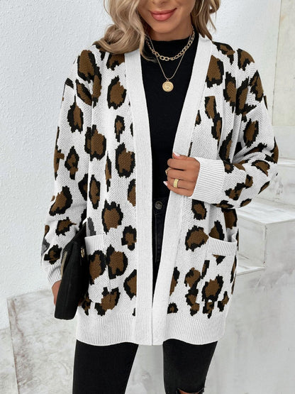 Leopard Open Front Dropped Shoulder Cardigan