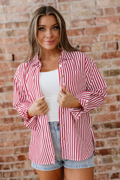 Red Stripe Patched Pocket Side Slit Loose Shirt