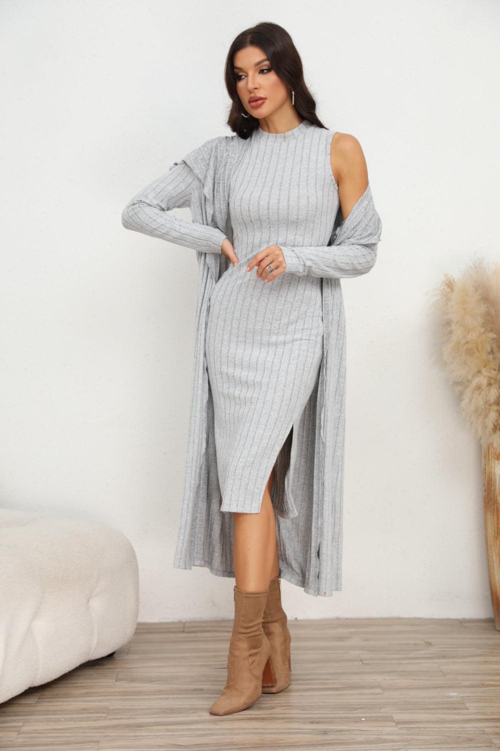 Slit Dress and Longline Cardigan Set