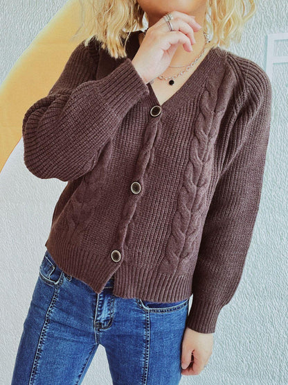 Cable-Knit V-Neck Button Down Long Sleeve Cardigan