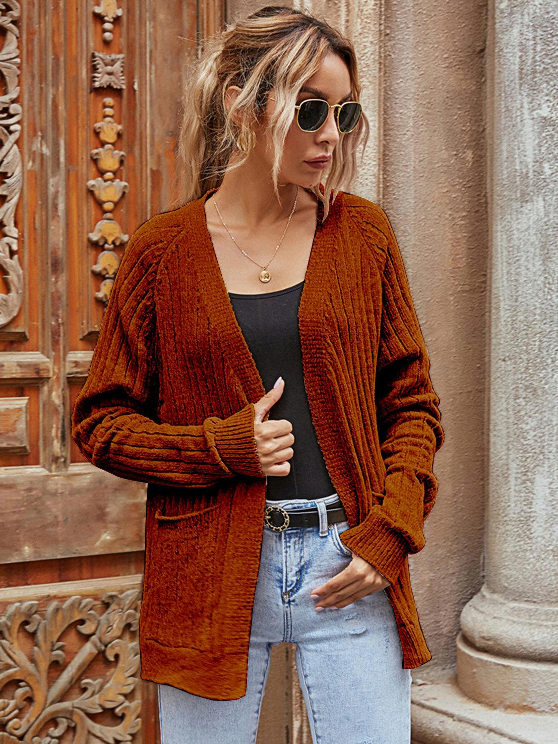 Ribbed Open Front Long Sleeve Cardigan