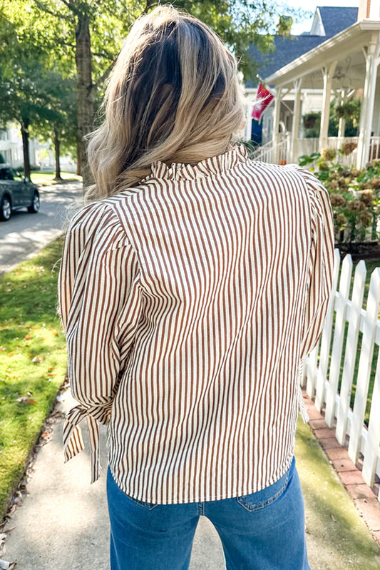 Straw Yellow Striped Print Tied Cuffs Split Neck Seersucker Blouse