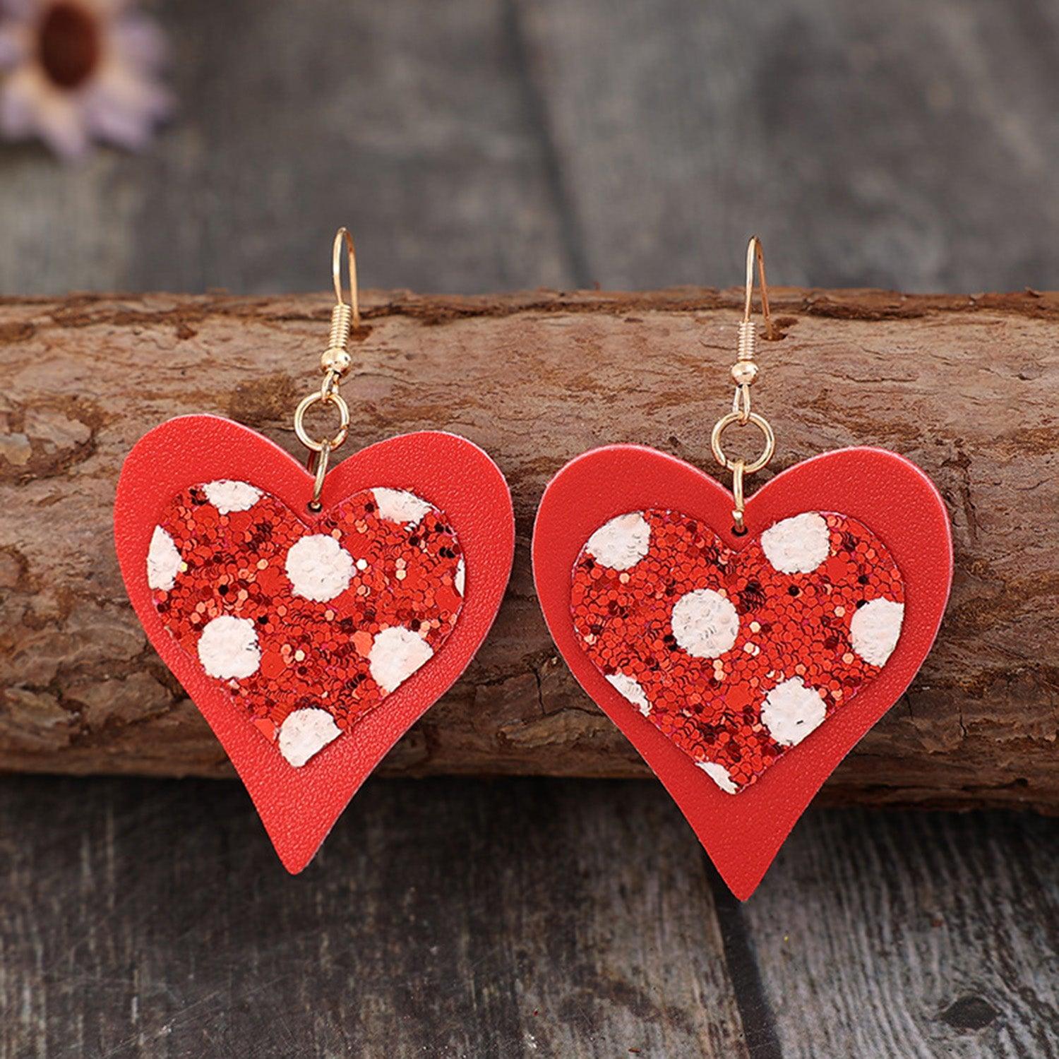 Sequin Heart Leather Drop Earrings