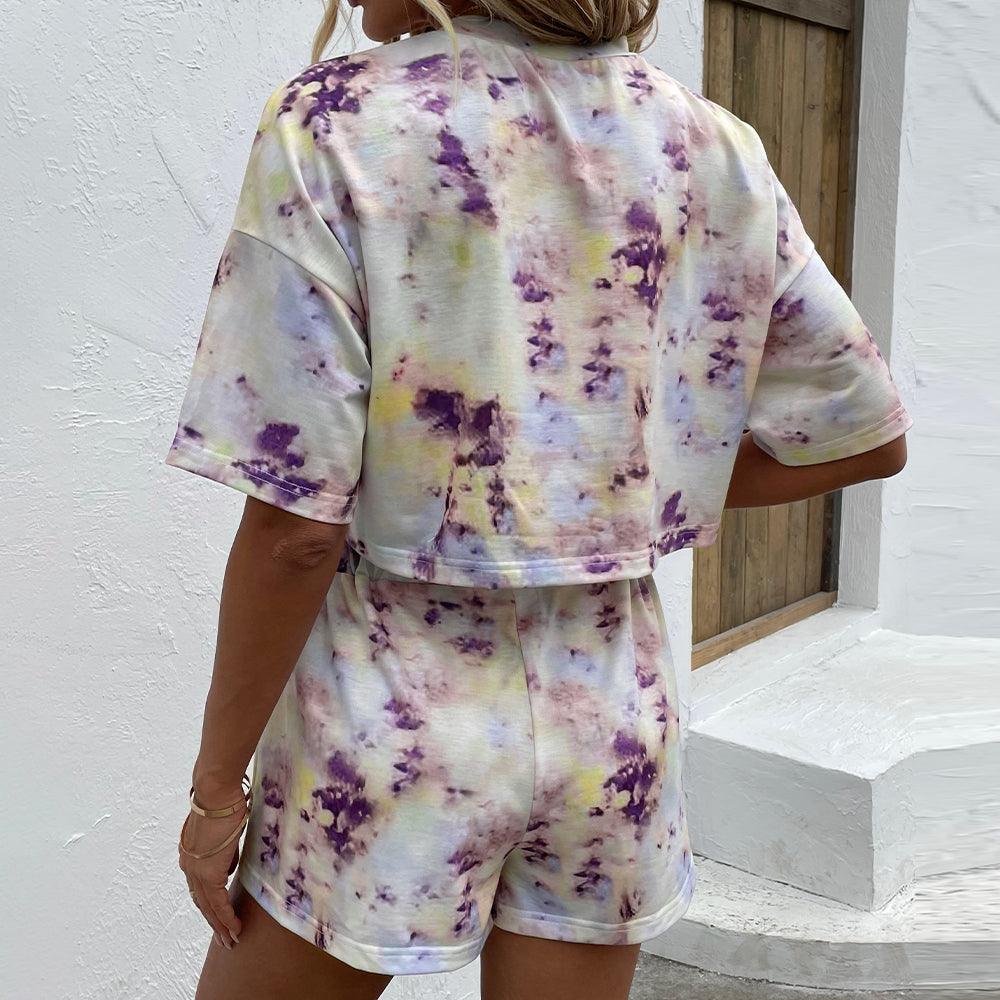 Tie Dye Round Neck Dropped Shoulder Tie Dye Top and Shorts Set