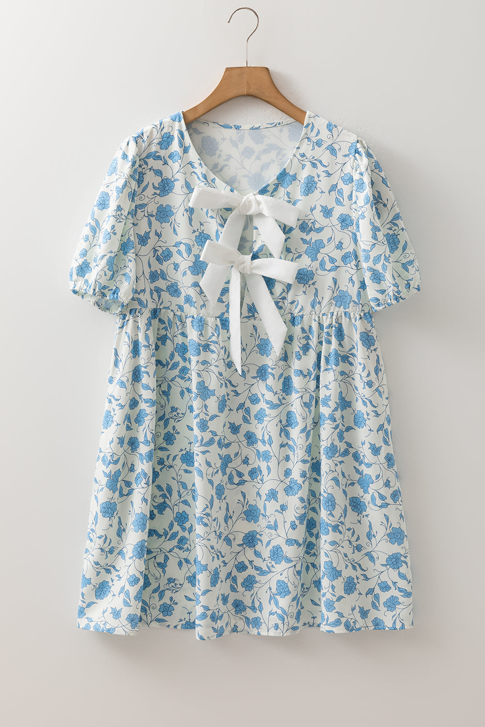 Sky Blue Floral Contrast Bow Puff Sleeve Mini Dress