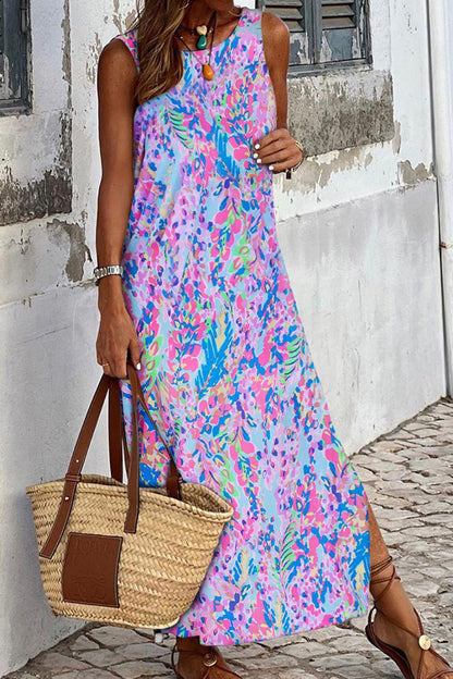 Slit Printed Wide Strap Midi Dress