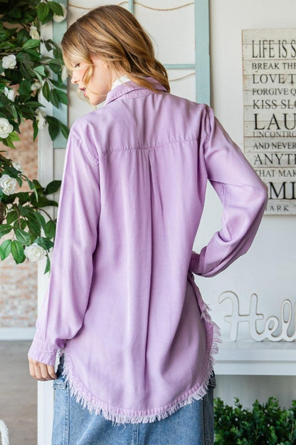 Veveret Raw Hem Button Up Long Sleeve Shirt