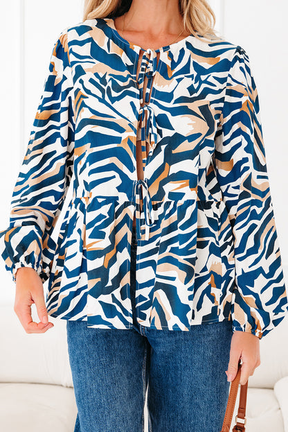 Blue Zebra Print Tied Front Puff Sleeve Top