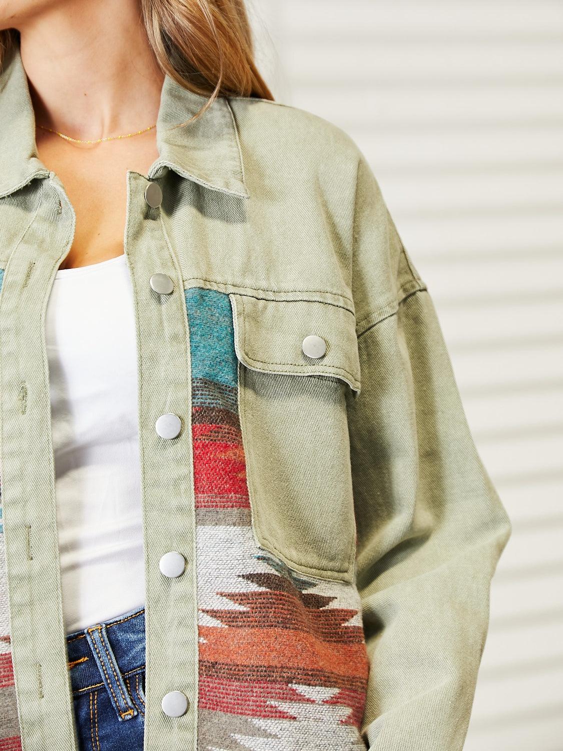 Dropped Shoulder Long Sleeve Printed Denim Jacket