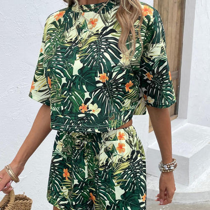 Floral Print Round Neck Dropped Shoulder Half Sleeve Top and Shorts Set