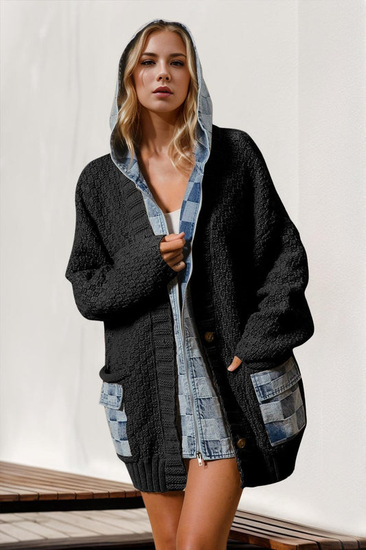 Double Take Full Size Hooded Denim Spliced Sweater Cardigan Carauana Store